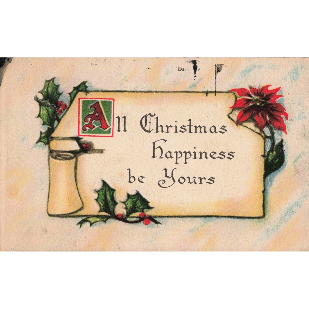 Vtg 1916 Christmas Postcard All Christmas Happiness Be Yours Poinsettia Holly